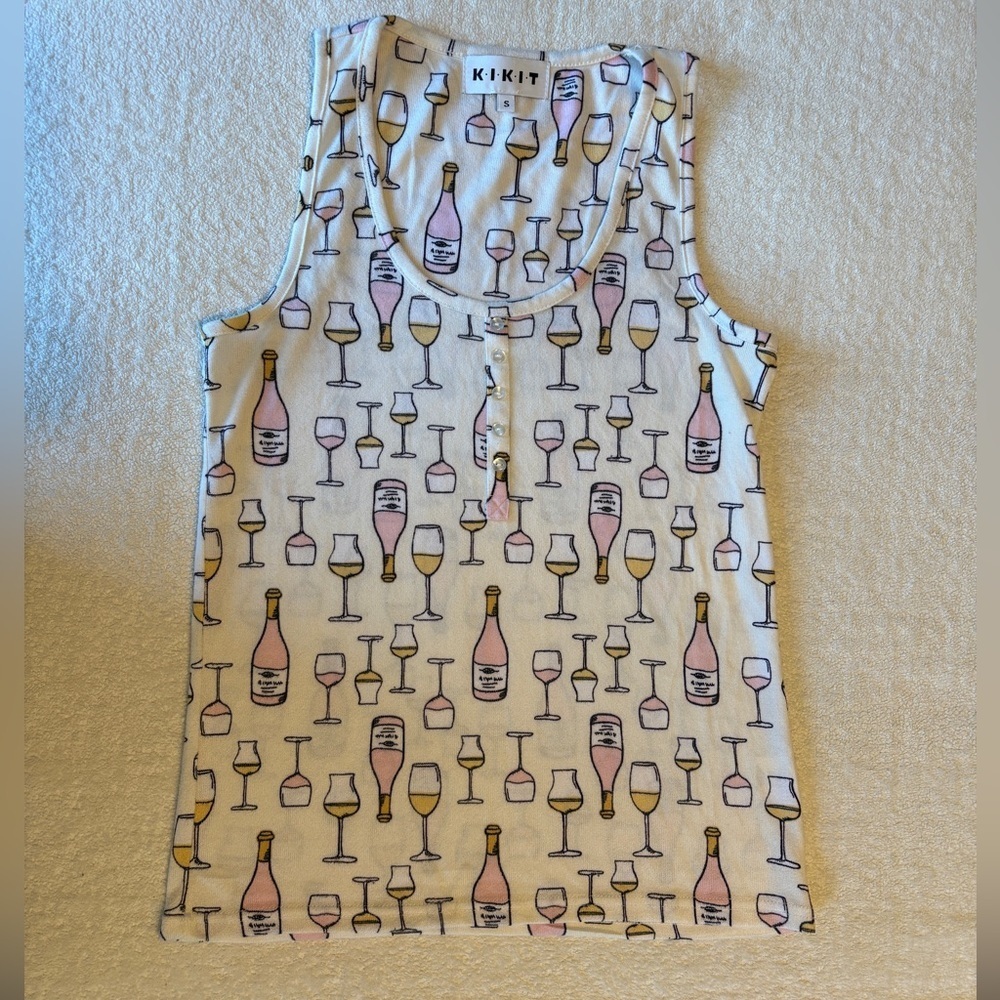 KIKIT Champagne Wine Glass Print Tank Top - White Pink. Women’s Small